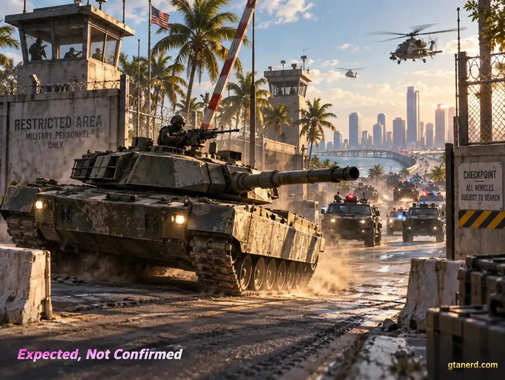 GTA 6 tanks in a military restricted area, showing a heavily armored tank with military helicopters and police vehicles in Vice City.