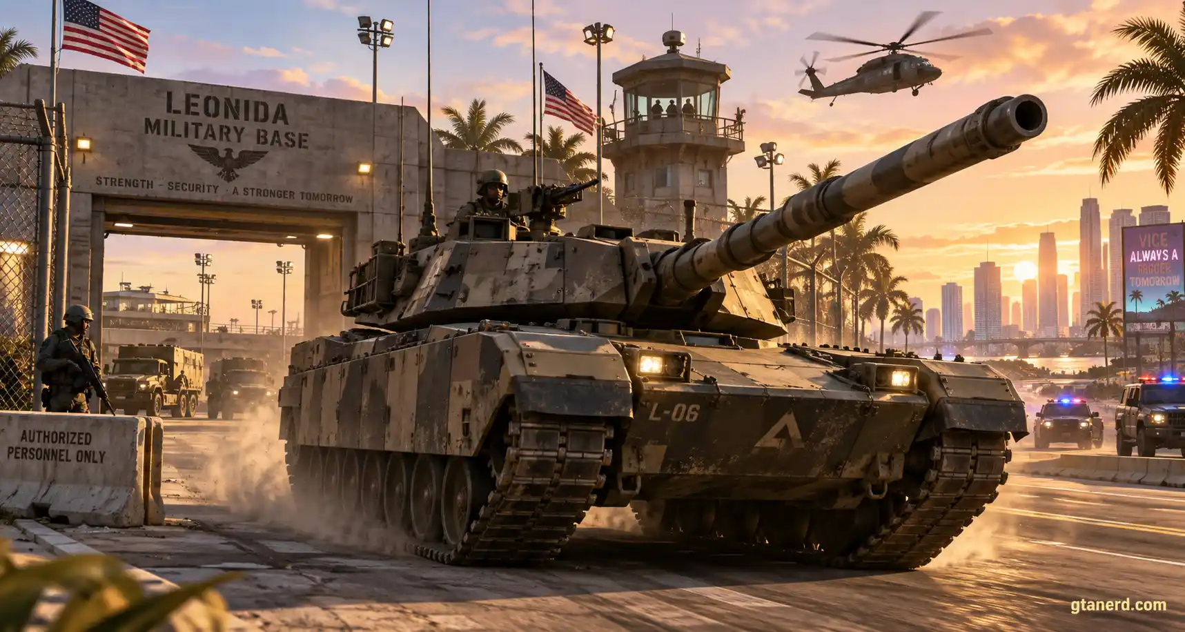 GTA 6 tanks at a Leonida military base, featuring a heavily armored tank with soldiers, military helicopters, and police vehicles at sunset.